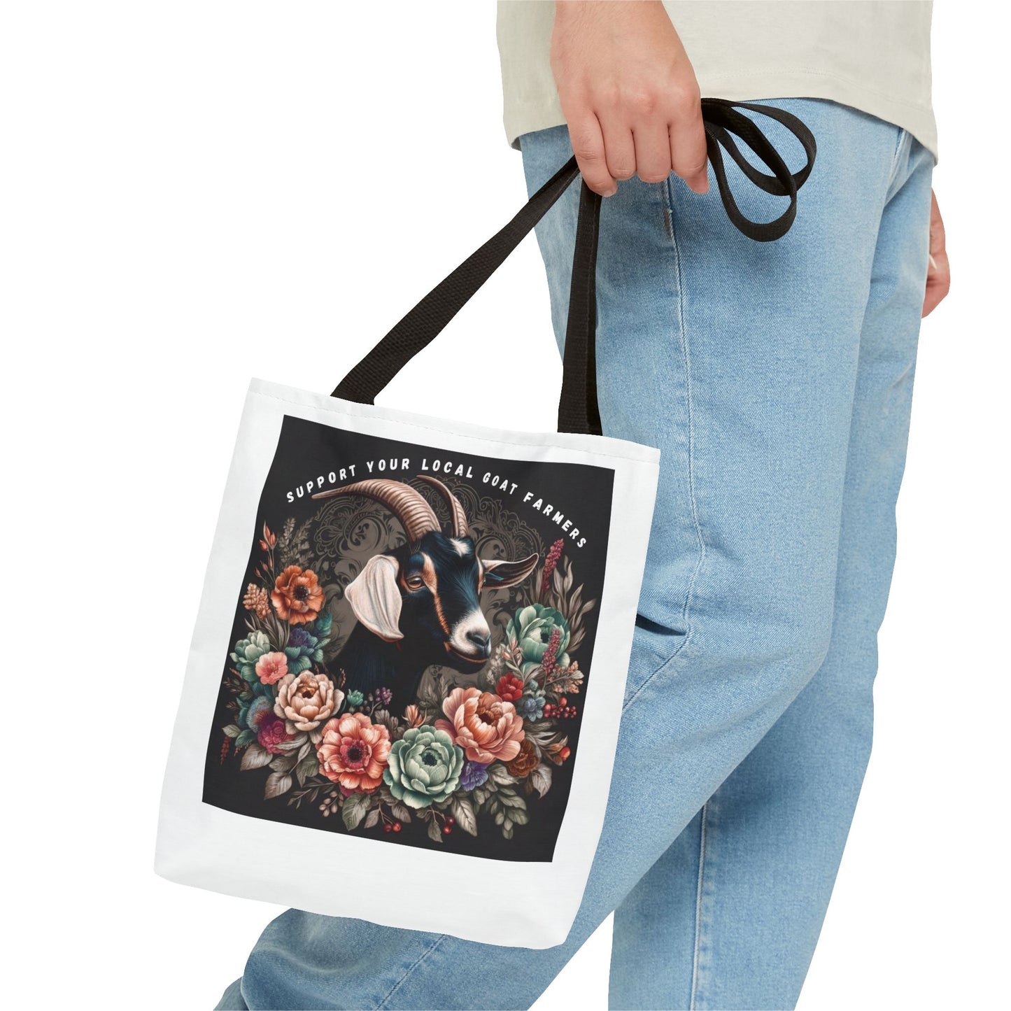 Support Local Goat Farmers Tote Bag, Eco-Friendly Market Bag, Floral Shopping Tote, Gift for Farmers, Animal Lover Bag