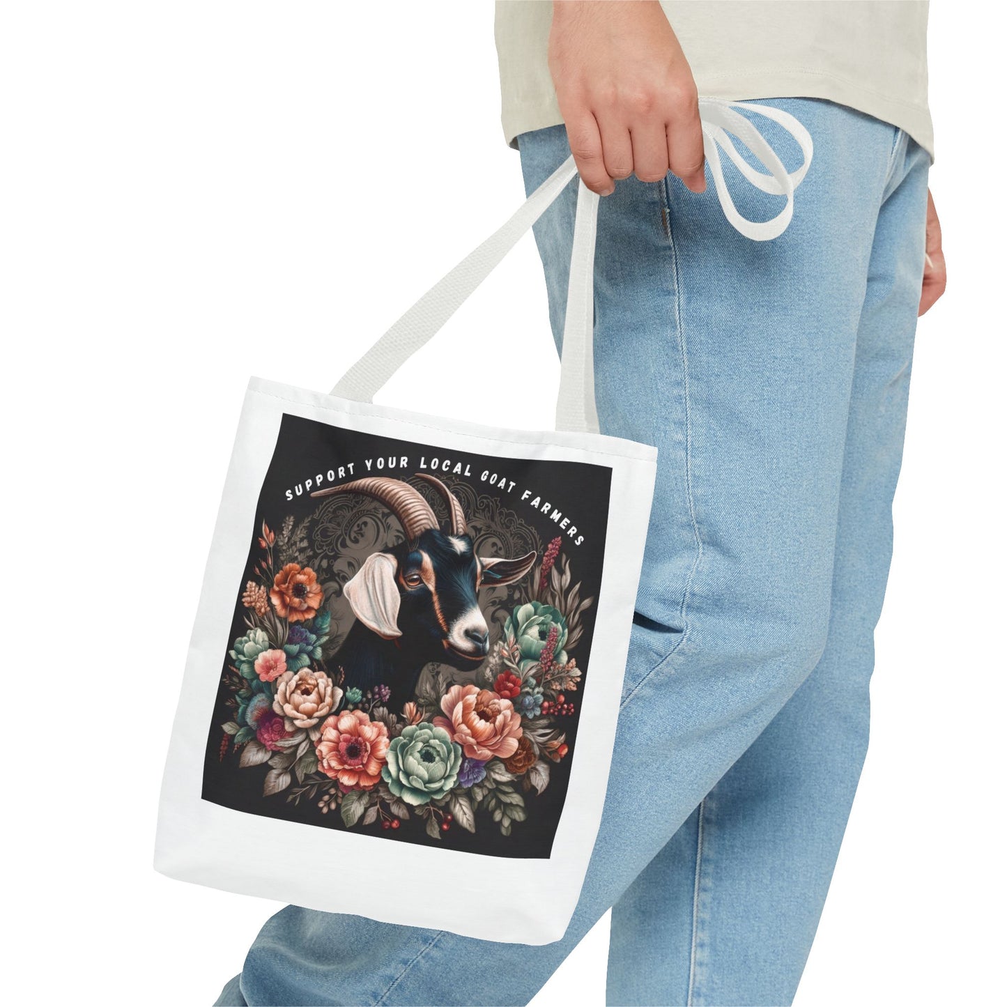 Support Local Goat Farmers Tote Bag, Eco-Friendly Market Bag, Floral Shopping Tote, Gift for Farmers, Animal Lover Bag